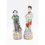 Two Chinese polychrome enamelled female figures, taller 25cm (2)