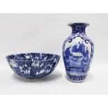 Japanese blue and white vase and bowl, decorated with chinoiserie figures, vase 32cm tall and bowl