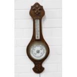 Oak cased banjo wall barometer with fleur de lys carving, 57 x 19cm