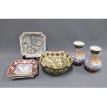 Collection of chinoiserie pottery and porcelain to include a pair of dragon vases, serving dishes