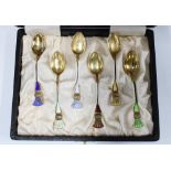 Cased set of six Norwegian silver and harlequin enamel 'thistle' coffee spoons, J. Tostrup (6)