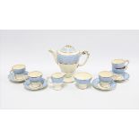 Tam's Ware 'Blue Mist' art deco pottery coffee set with five cups, six saucers, cream jug, sugar