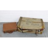 Vintage leather suitcase with canvas cover, owned by Thomson J.F., 23 x 66 x 43cm, together with