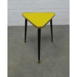 Retro triangular table with yellow top and tapering legs, 37 x 42 x 33cm.