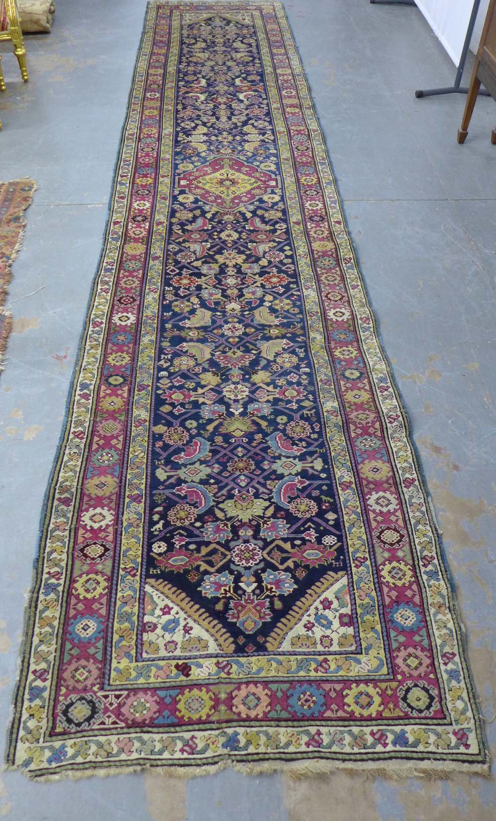 Persian runner, blue field with multiple flowerhead borders, 528 x 108cm