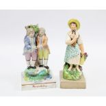 19th century pearlware Friendship figure group together with another of a flower girl, taller