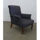 Victorian armchair, upholstered scroll back with outswept arms and long seat, raised on turned beech
