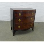 Georgian mahogany bow front chest with three long drawers, splayed legs, 76 x 82 x 47cm.