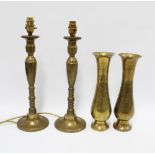 A pair of brass knop stemmed table lamp bases and two Indian brass vases (4)