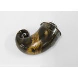 Scottish curly horn snuff mull, white metal mounted with hinged lid, 8cm