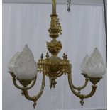 Victorian Aesthetic Movement gilt metal five branch chandelier, originally gas lit, with glass