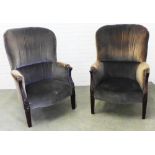 Pair of George III style mahogany tub armchairs upholstered in grey velvet and with scroll arms