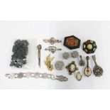 Victorian silver jewellery to include brooches and a coin bracelet, micro mosaic brooch, small