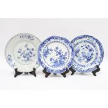 Three Chinese blue and white plates, 18/19th century, largest 13cm diameter (one with a stapled