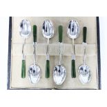 Set of six silver and green jade teaspoons, stamped Sterling, in fitted case and retailed by Stewart