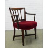 19th century mahogany Sheraton style open armchair, curved top rail with reeded splats, red