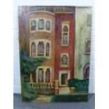 After Mary Fedden, street scene with a black cat and three storey houses, oil on board, with