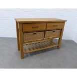 Modern light beechwood table with two drawers and a shelf with two wicker baskets, , 120 x 85 x