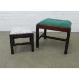 Mahogany stool with green upholstered seat together with a smaller stool, 52 x 43 x 43cm. (2)