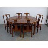 Chinese rosewood dining table with extra leaf and set of six matching chairs, 164 x 77 x 118cm. (7)