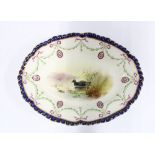 Royal Worcester oval dish, painted with Moor Hens, signed Johnson, green backstamp, 18cm long