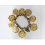 Sovereign coins on a 9ct gold bracelet to include four full gold sovereigns dated 1911, 1908, 1928 &