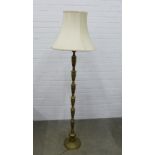 Brass standard lamp and shade, 145cm.