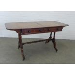 William IV mahogany sofa table with turned supports and pole stretcher on down swept legs, 147 x