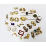 Quantity of yellow metal jewellery to include earrings, tiepin, dress ring, coffee bean cufflinks,