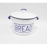 Blue and white enamel 'Bread' bin and cover, 34cm wide including handles