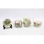 Jacquie Sellar Ceramics, Scotland, pottery bachelors set with cup, cream jug, sugar bowl and jam