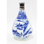 Chinese late Ming, Transitional period blue and white bottle vase, with later silver mounts and