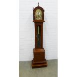 Walnut and mahogany Grandmother clock, moon face dial with silvered chapter ring, 185 x 48cm.