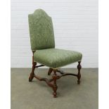 Walnut hump back chair with green damask upholstery, carolean style stretchers 58 x 108 x 46cm.