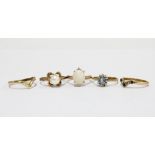 Five 9ct gold rings to include two of wishbone design, an opal dress ring, pearl and gemset