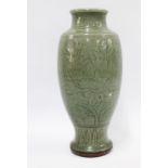 Chinese late Ming Dynasty celadon vase, tall proportions and with incised foliate pattern, approx