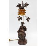 Faux bronze figural table lamp base with amber coloured glass flowerhead shade, 56cm high