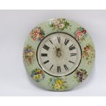 Vintage metal wall clock, painted in pale green with flowers, 32cm