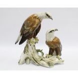 Karl Ens porcelain group of two eagles perched upon a stump, printed factory backstamp and impressed