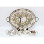 Victorian Elkington & Co Epns tea set and matching tray, with floral decoration and engraved