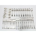 Silver fiddle pattern flatware to include ten spoons, ten table forks, nine dessert forks, eight