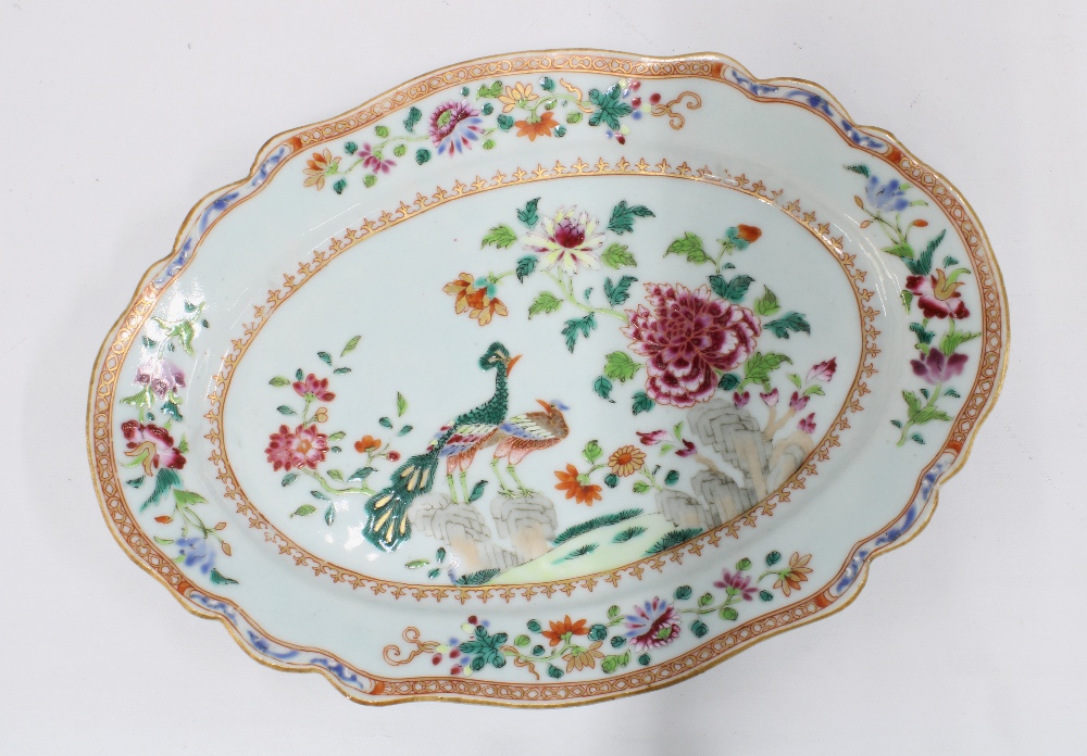 Chinese export ware famille rose oval platter, decorated with double peacock pattern, circa mid 18th