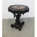 Anglo Indian carved padouk tilt top table, on an eagle column with mythical beast base, 60 x 77cm.