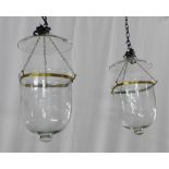 A pair of blown glass glass hundi style pendant light shades with engraved brass collars,, 55 x 27cm