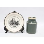 19th century French transfer printed plate 'La View Du Soldat' and a green glazed tobacco jar and