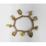 9ct gold charm bracelet with a heart shaped pendant, with eight charms - six stamped 9ct