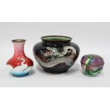Japanese ginbari vase decorated with swans together with a Japanese circular box and cover with