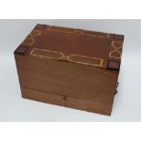 Modern mahogany and inlaid decanter box, with sloped lift up top / front, revealing a set of four