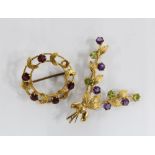 Scottish 9ct gold gemset floral spray brooch, and Edinburgh 1956, 4cm long and a 9ct gold amethyst