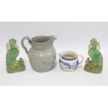 No.103 Hunting Jug, (a/f) together with a smaller blue and white jug with hunting pattern in relief,
